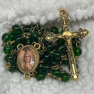 America Needs Fatima Green Glass Bead Rosary